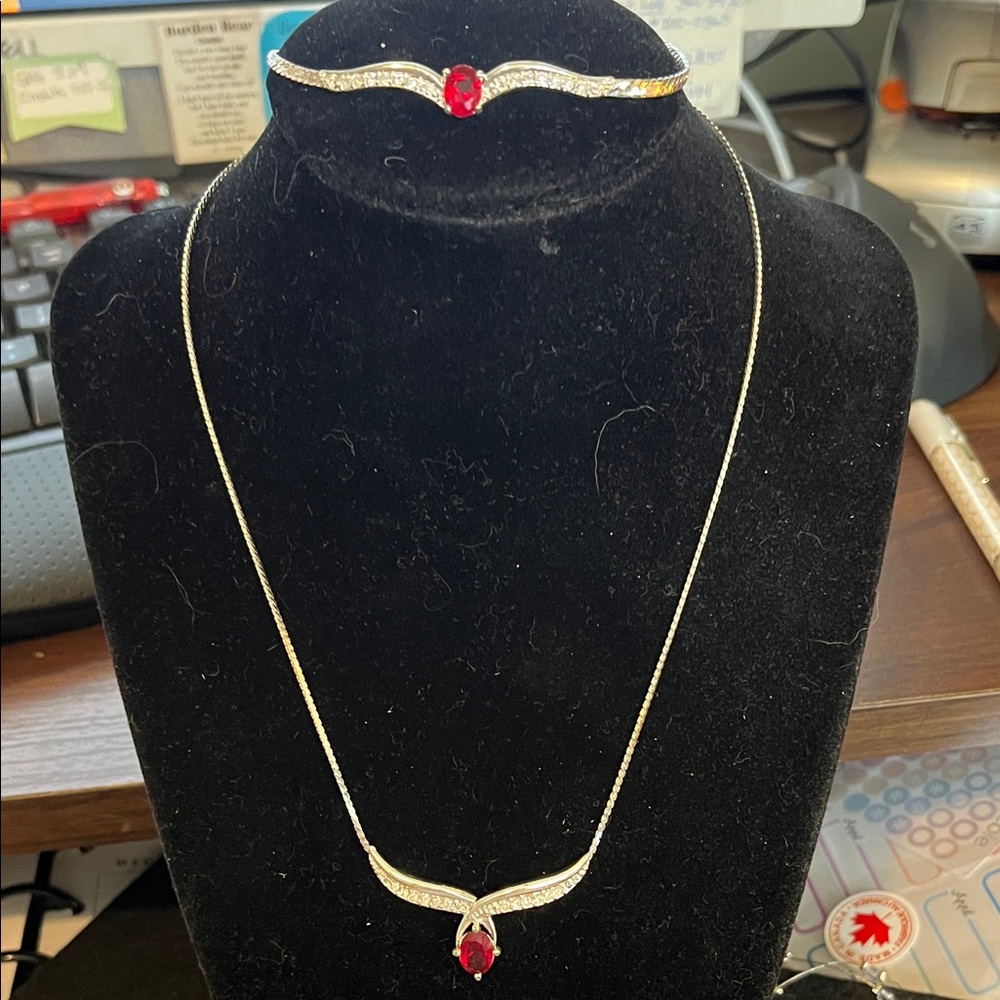 Avon Silver and Red Necklace Bracelet Set